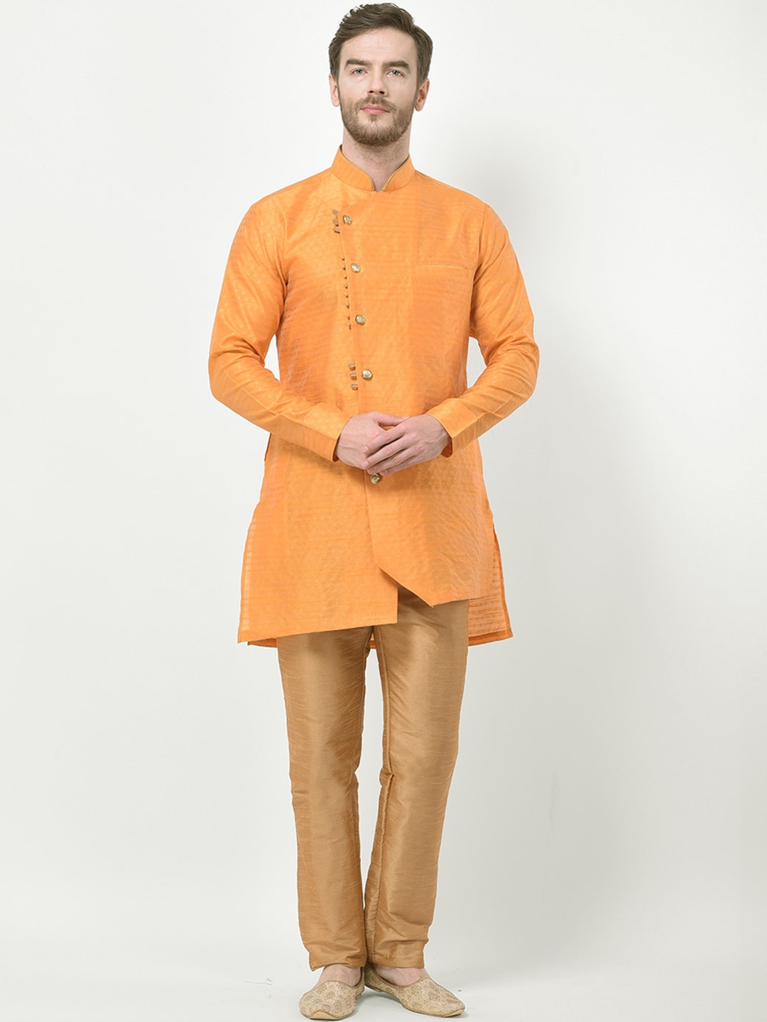 

SG LEMAN Men Orange & Gold-Toned Solid Brocade Kurta with Trousers