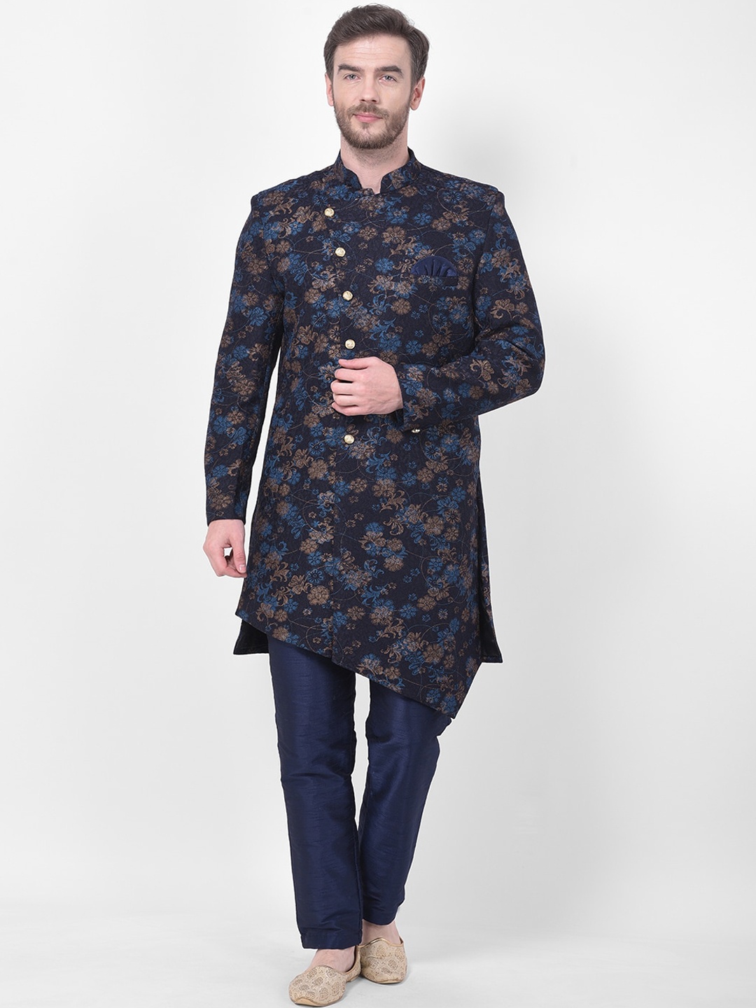 

SG RAJASAHAB Men Navy Blue & Brown Woven-Design Brocade Raw Silk Sherwani Set
