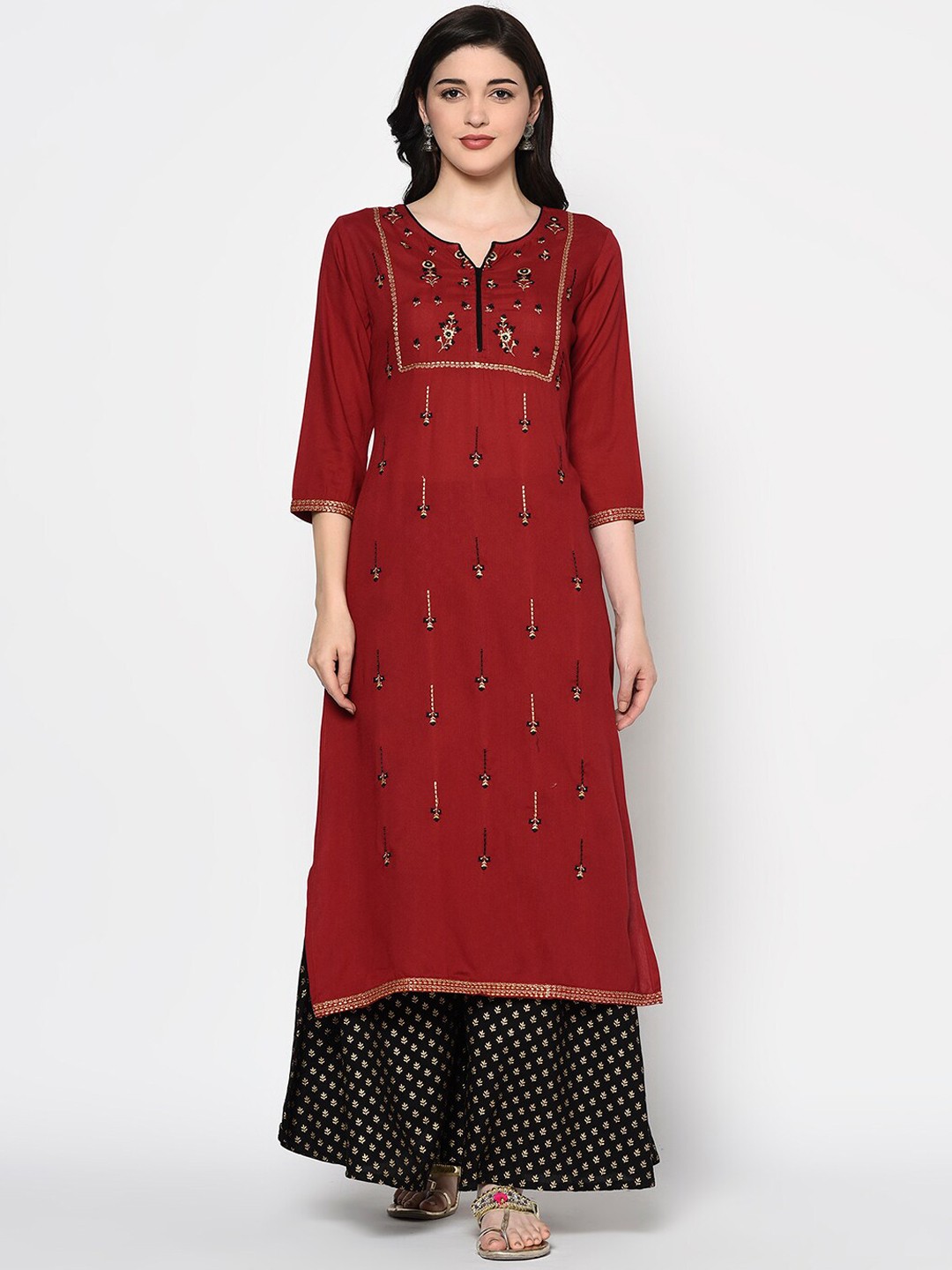 

GULMOHAR JAIPUR Women Red & Black Embroidered Kurta with Palazzos