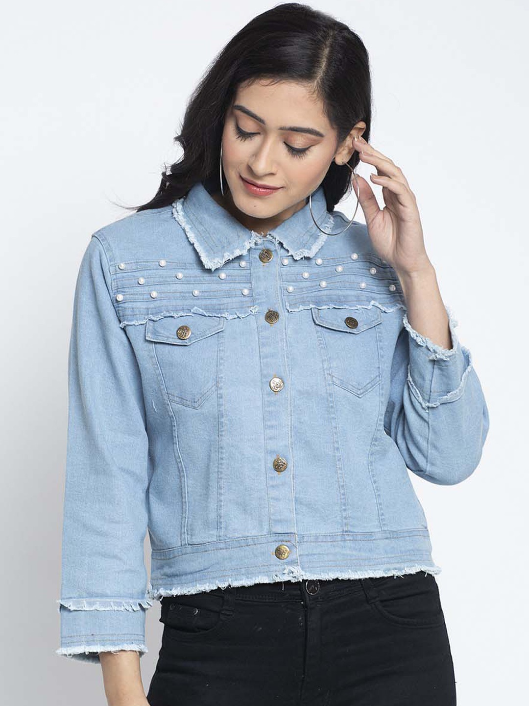 

Miaz Lifestyle Women Blue Solid Embellished Lightweight Denim Jacket