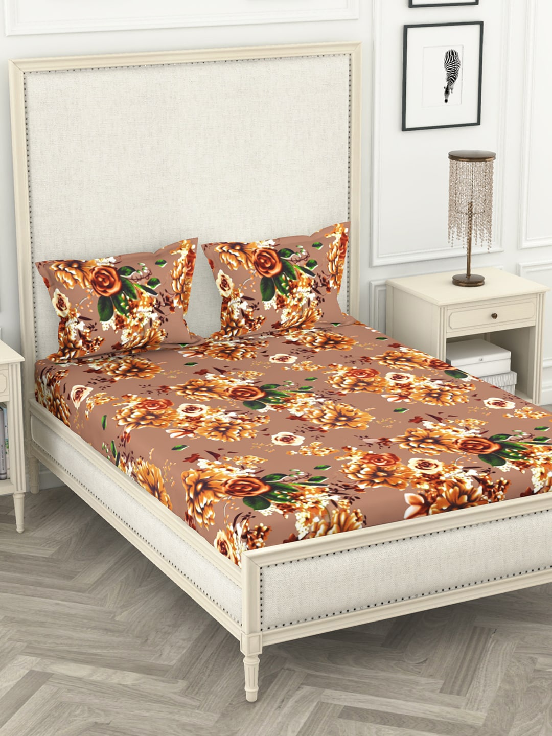

BIANCA Brown & Green Floral 210 TC Polyester 1 King Bedsheet with 2 Pillow Covers