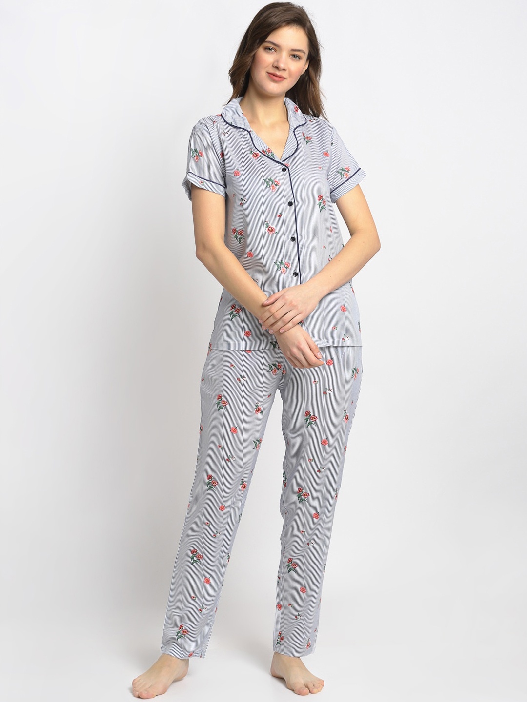 

Boston Club Women White And Blue Floral Night Suit