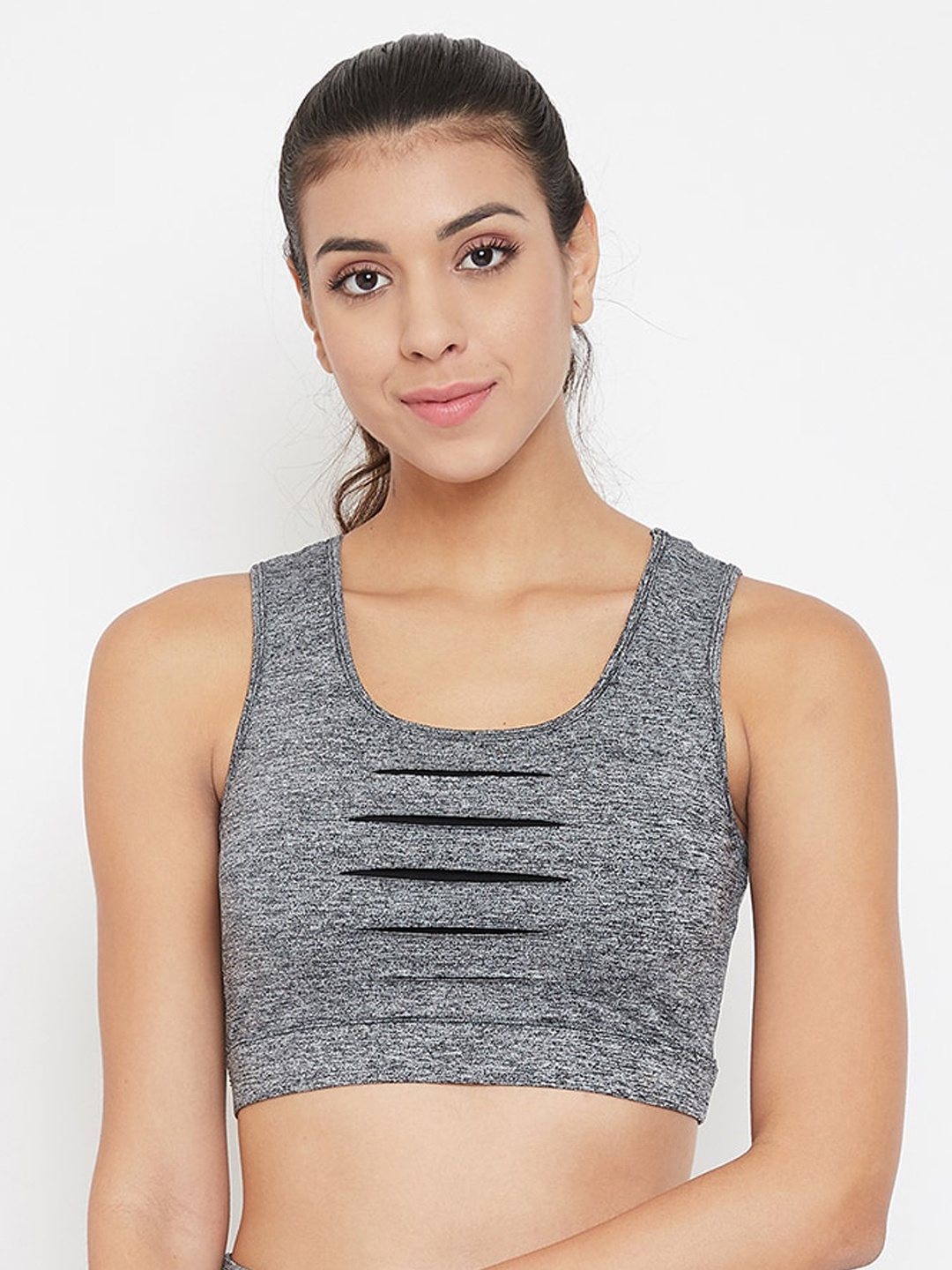 

Clovia Grey & Black Solid Non-Wired Lightly Padded Workout Bra