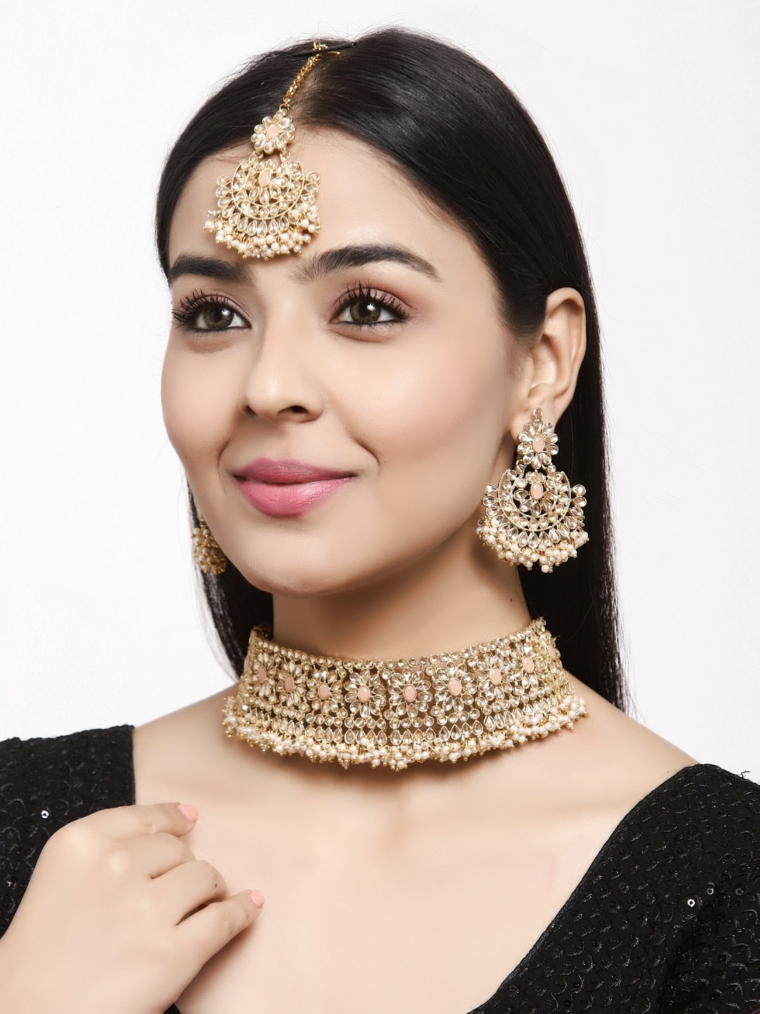 

Shining Diva Gold-Plated White & Peach-Coloured Kundan Studded Jewellery Set