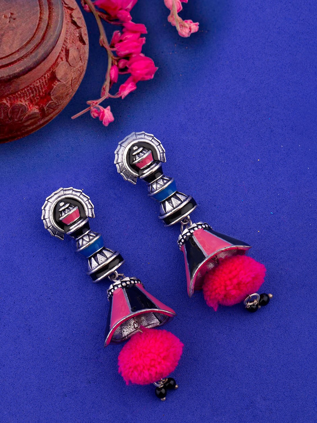 

Voylla Silver-Plated & Pink Dome Shaped Jhumkas