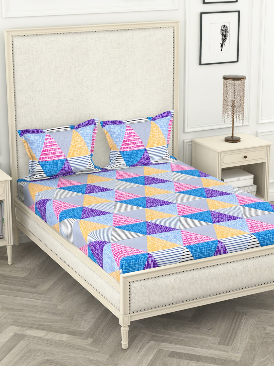 

BIANCA Blue & White Geometric 210 TC Polyester 1 King Bedsheet with 2 Pillow Covers