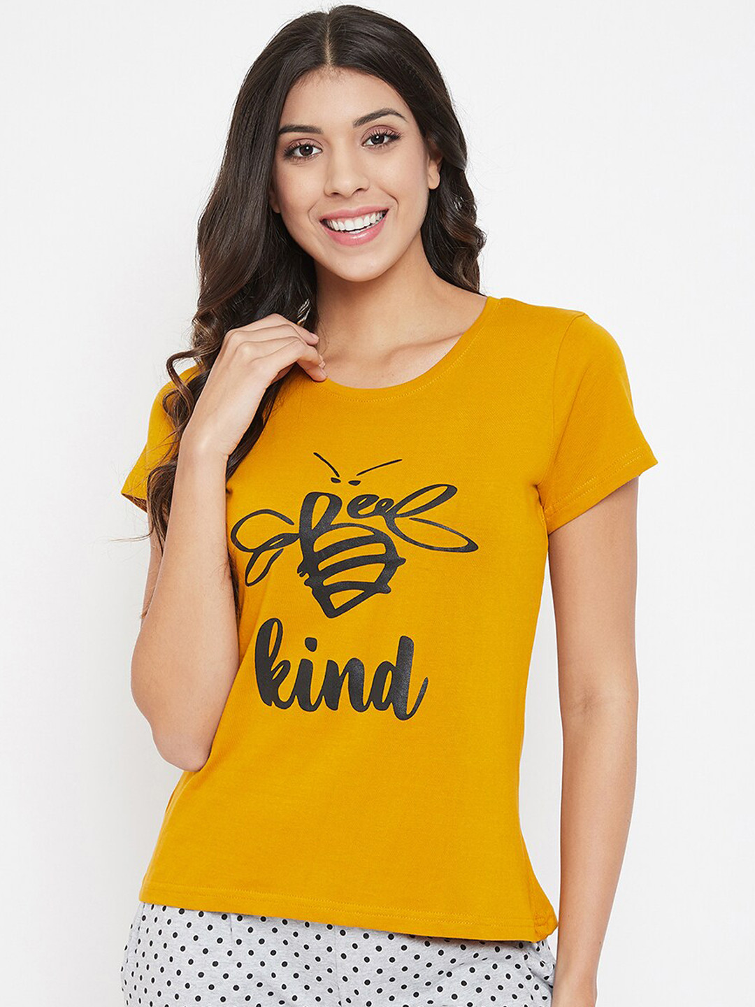

Clovia Women Mustard Printed Round Neck T-shirt