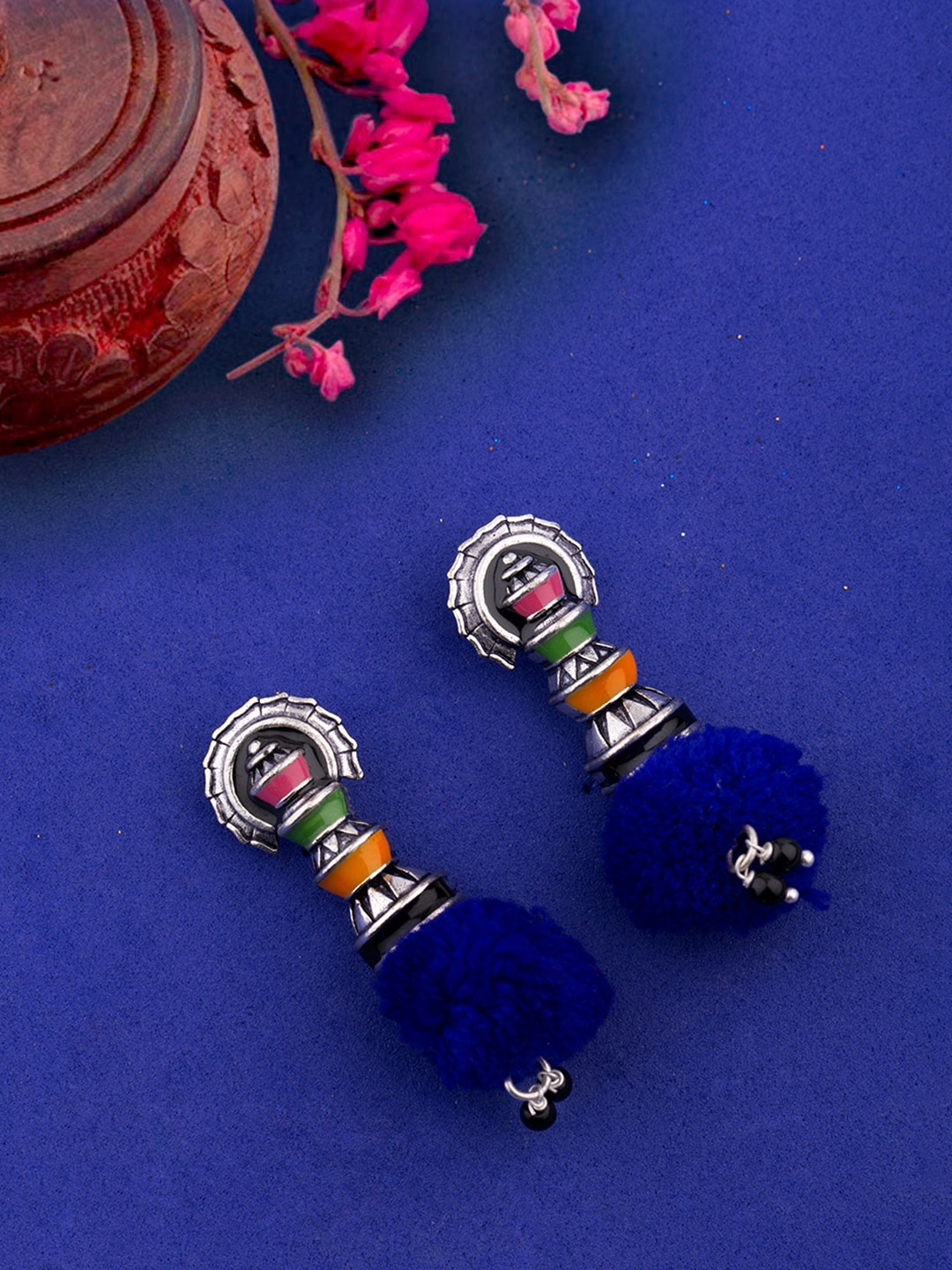 

Voylla Silver-Plated & Navy Blue Contemporary Drop Earrings