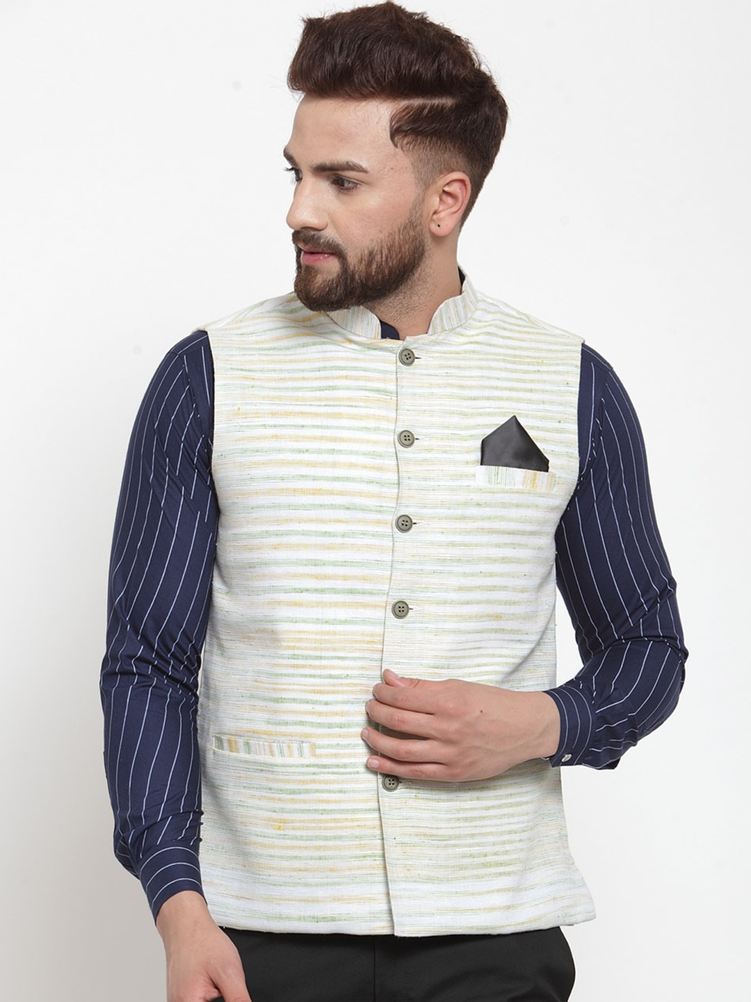

KLOTTHE Men White & Blue Woven Design Nehru Jacket