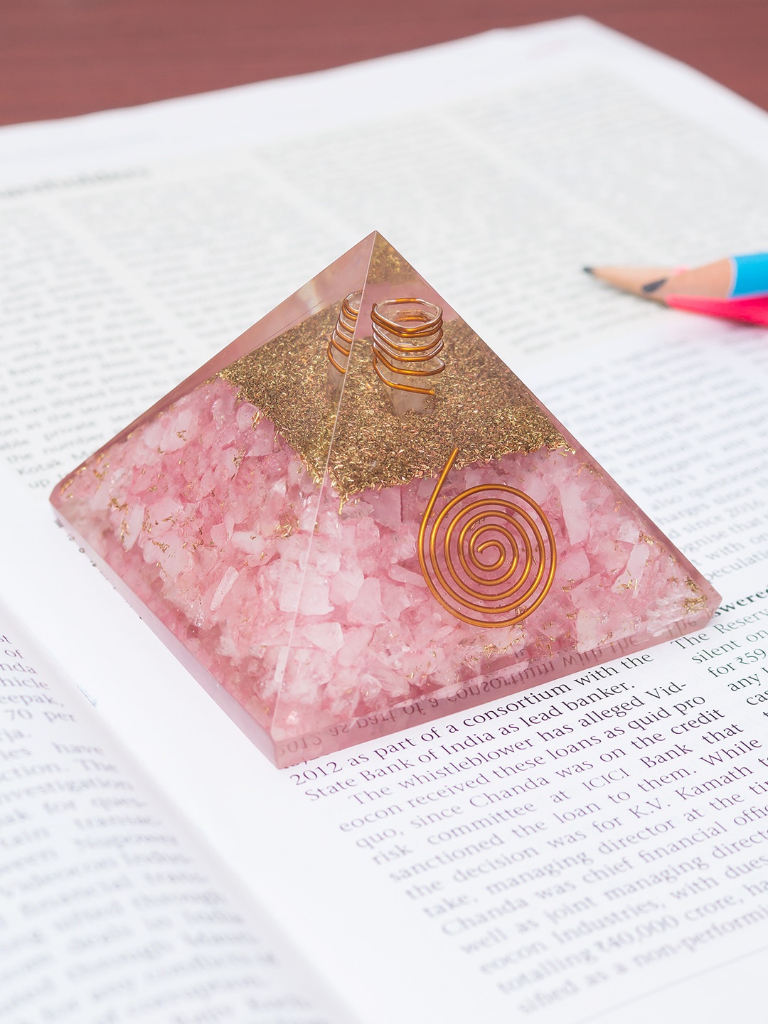 

Golden Peacock Pink & Gold-Toned Rose Quartz Crystal Orgone Pyramid Prism Paperweight