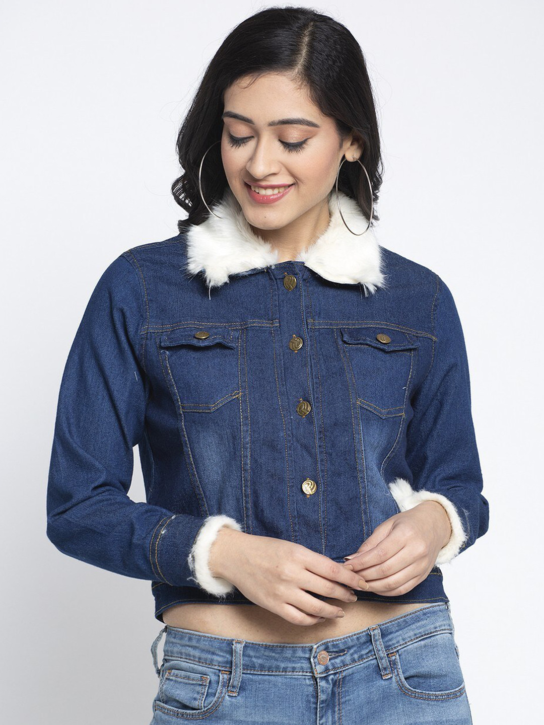 

Miaz Lifestyle Women Blue Solid Lightweight Crop Denim Jacket