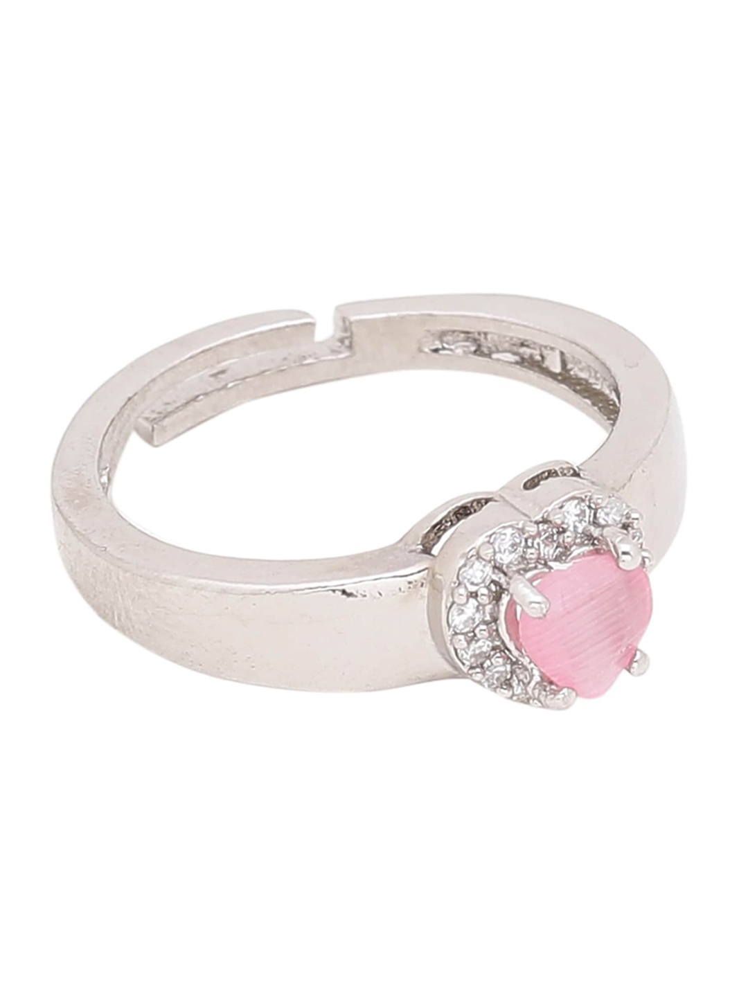 

Voylla Silver-Plated Pink & White CZ Studded Adjustable Statement Finger Ring