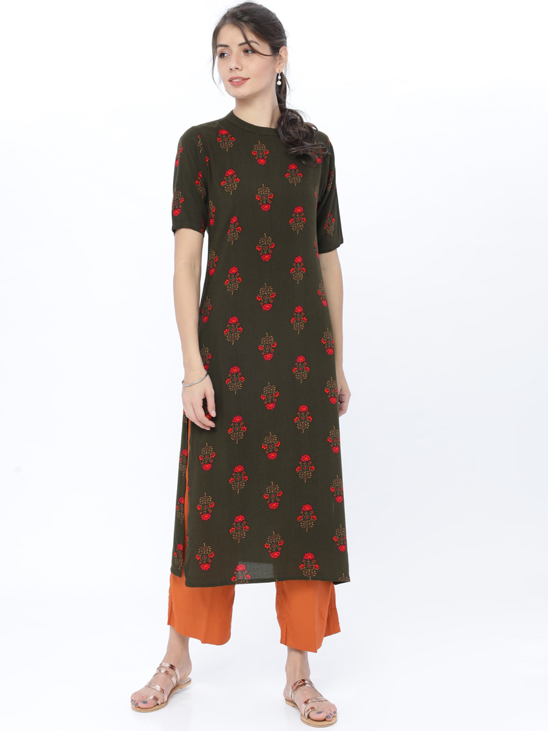 

Vishudh Women Olive Green & Red Floral Printed Kurta