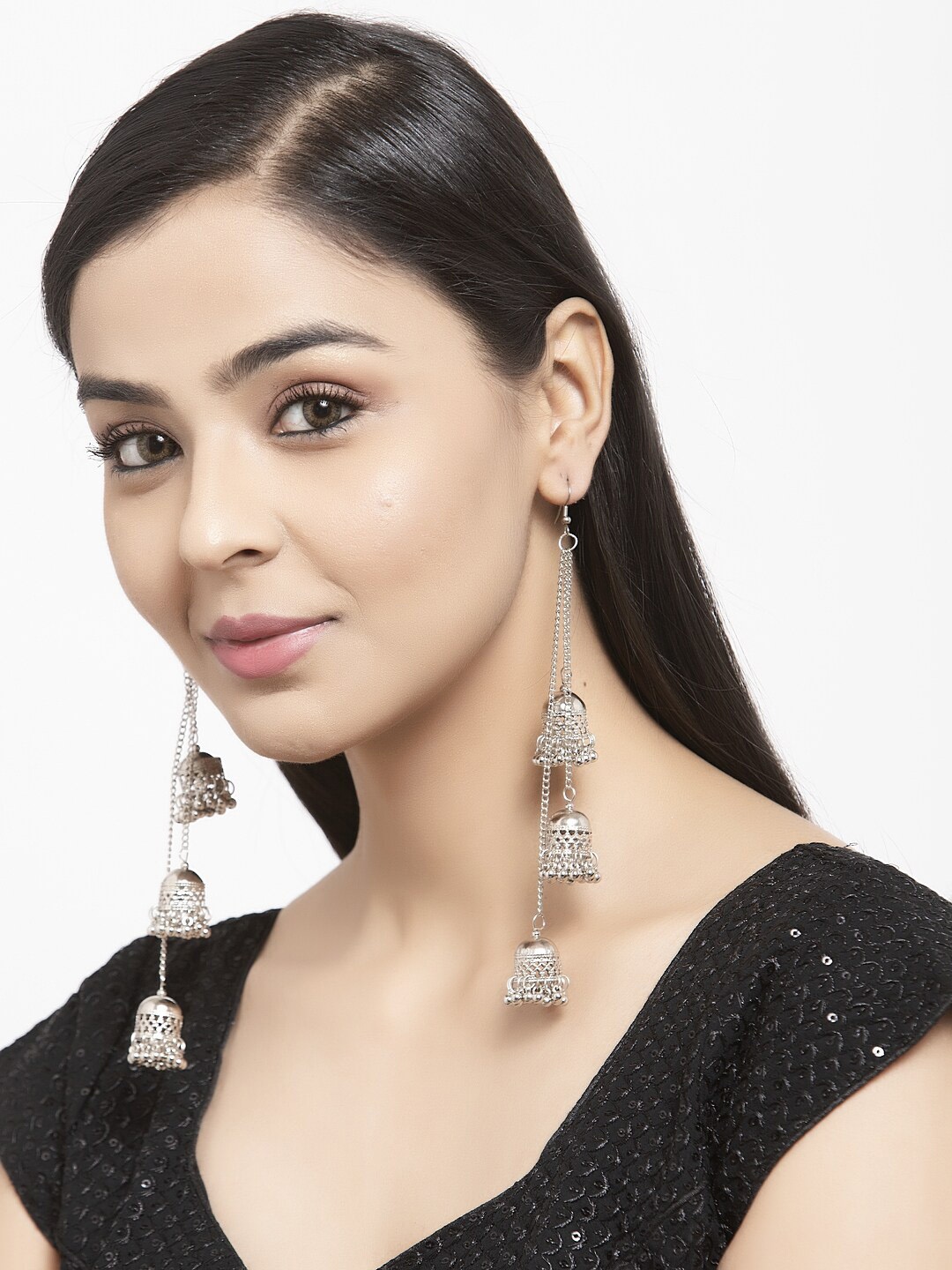 

Shining Diva Silver-Toned Handcrafted Dome Shaped Jhumkas
