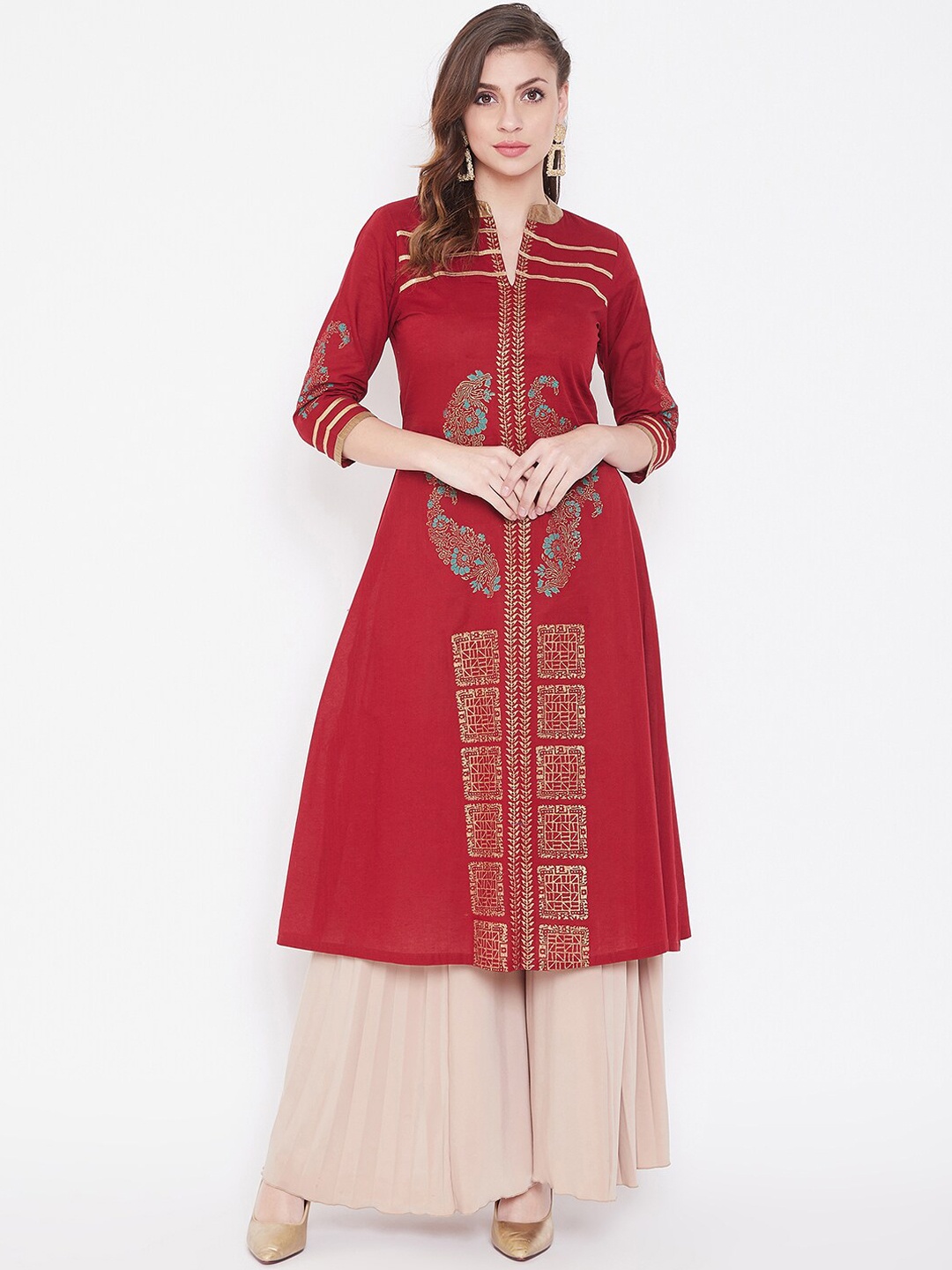 

WineRed Women Maroon Printed A-Line Kurta