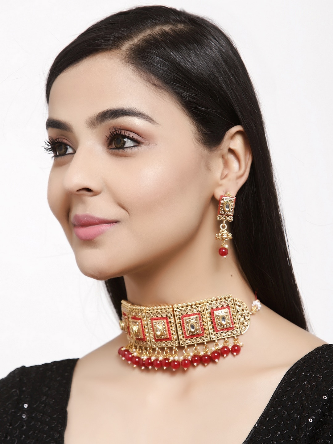 

Shining Diva Gold-Plated Red & White Stone Studded Enamelled Jewellery Set