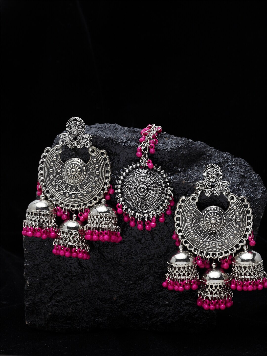 Shining Diva Oxidised Silver-Toned & Pink Beaded Jewellery Set