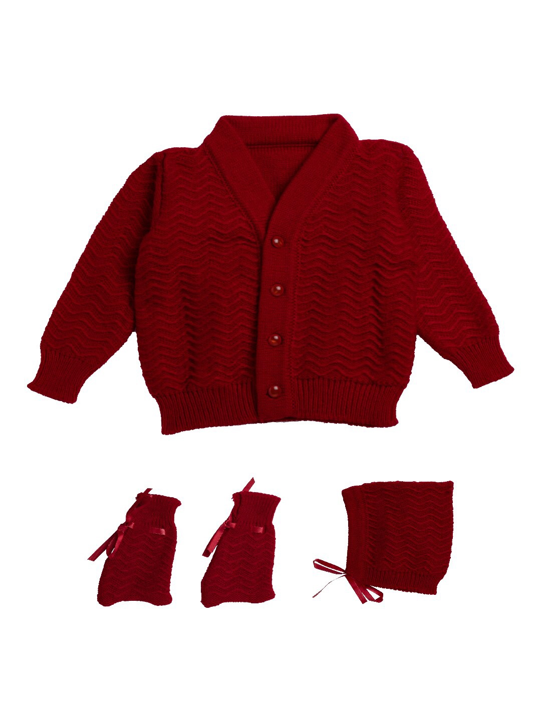 Little Angels Unisex Kids Red Self Design Full Sleeves Sweater Set