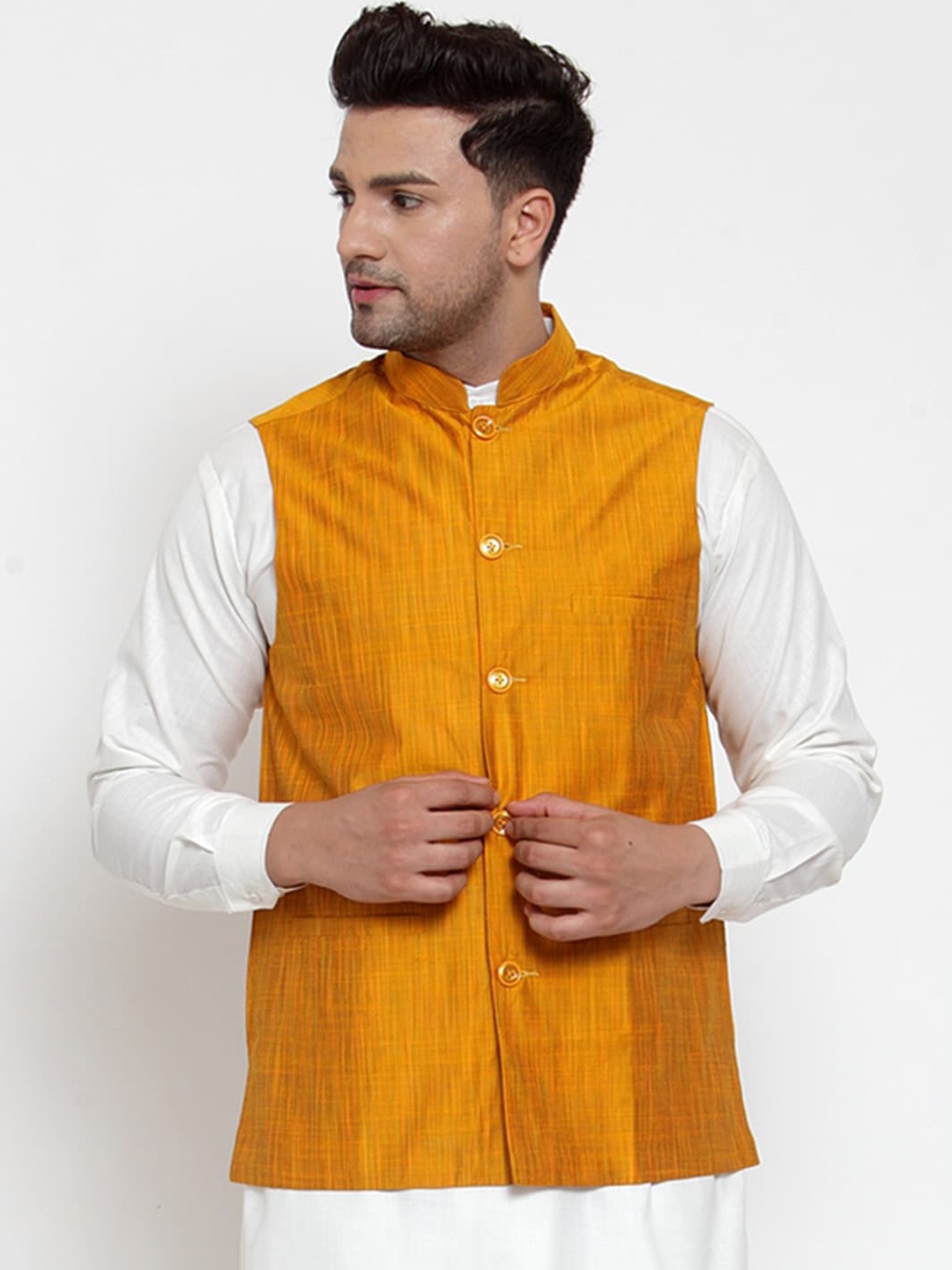 

Jompers Men Yellow Woven Design Regular Fit Waistcoat
