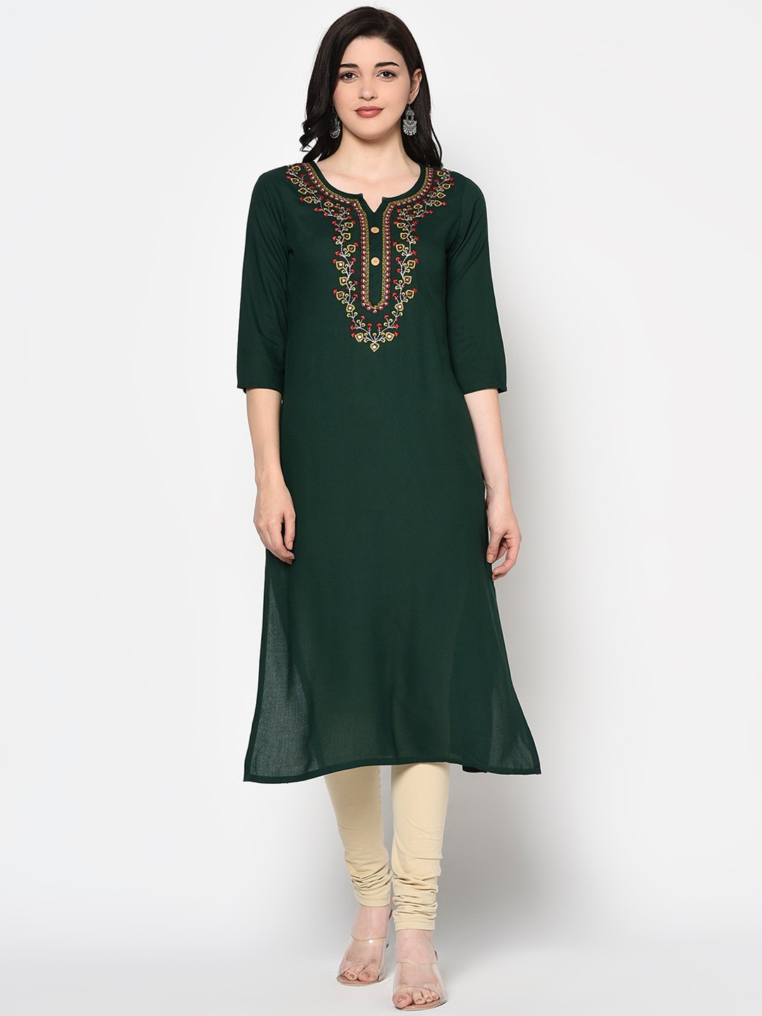

GULMOHAR JAIPUR Women Green Embroidered Straight Kurta