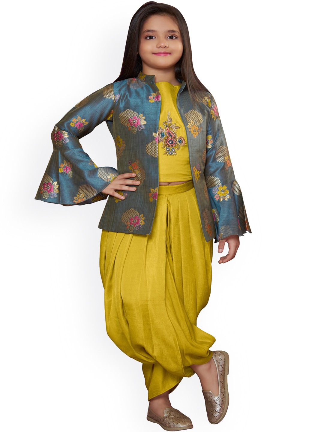 

BETTY Girls Mustard Yellow & Blue Self Design Top with Dhoti Pants & Shrug