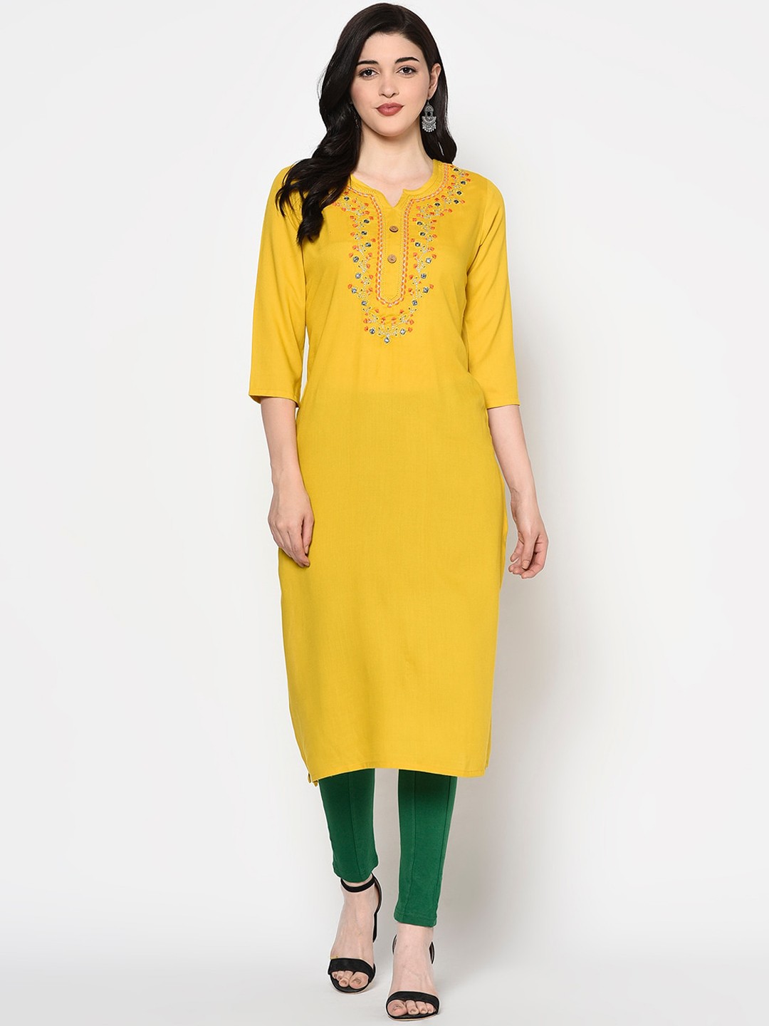 

GULMOHAR JAIPUR Women Mustard Yellow Yoke Design Straight Kurta