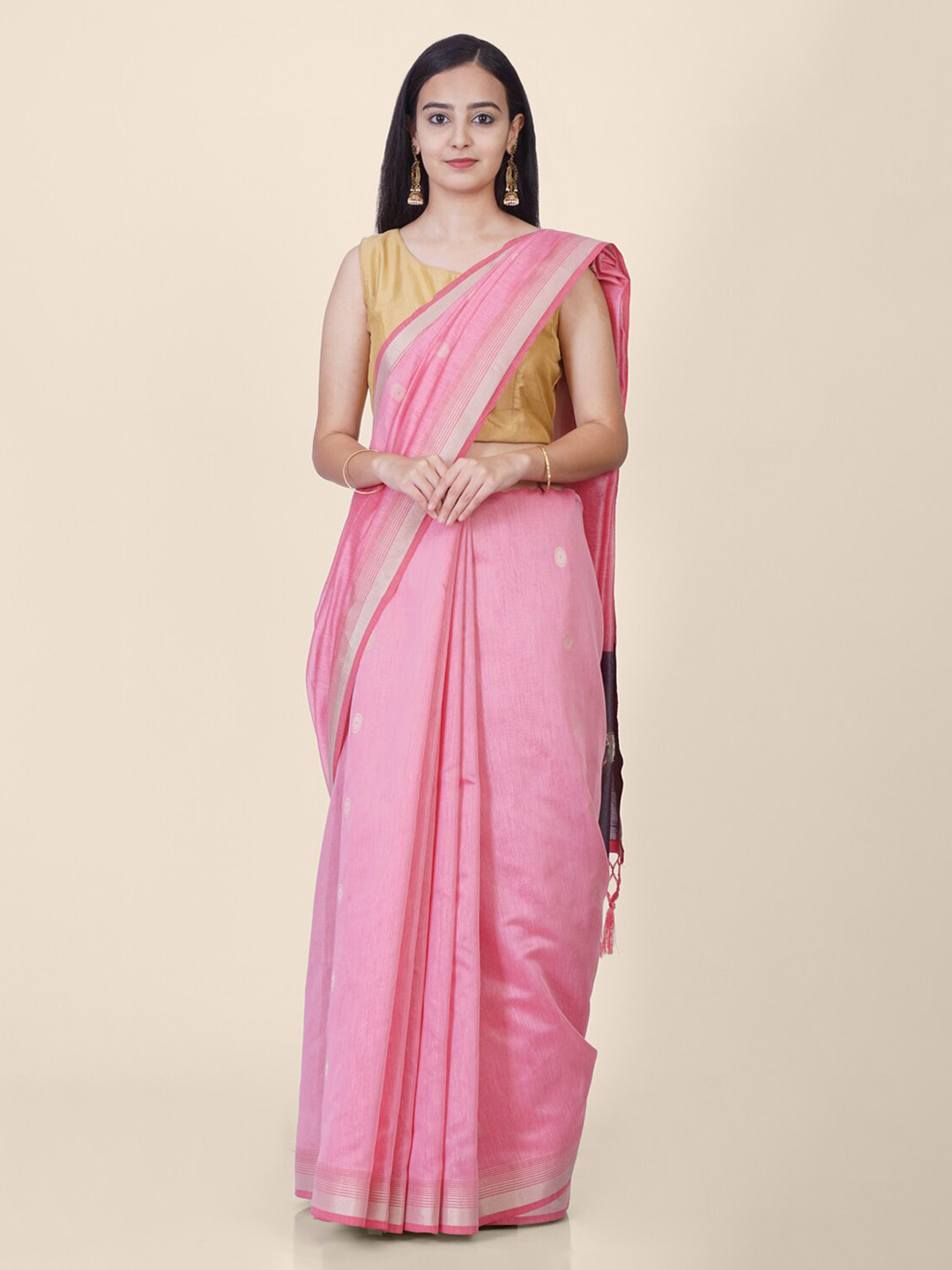 

Hastakala Pink Pure Linen Solid Khadi Saree