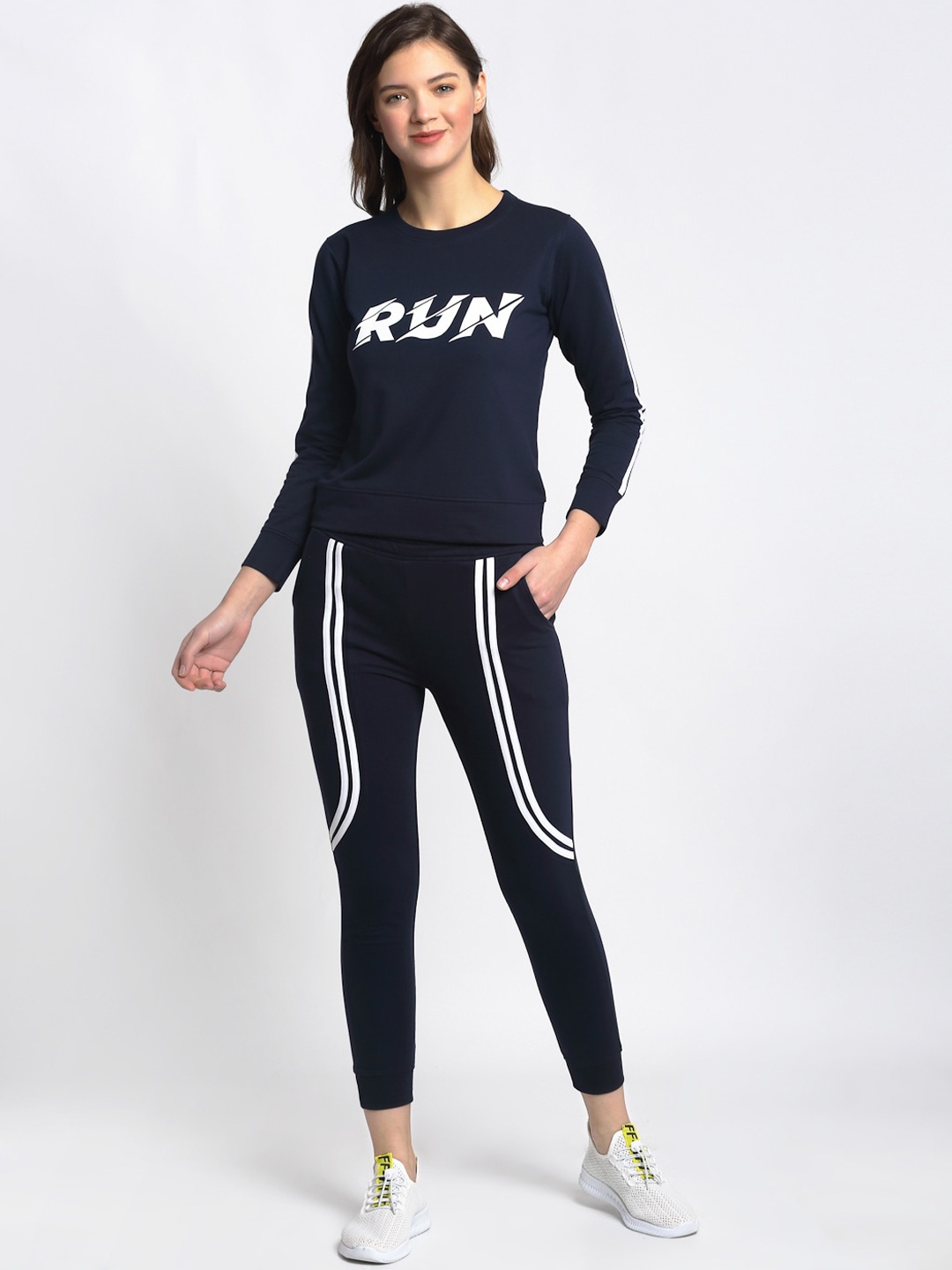 

Boston Club Women Navy Blue & White Solid Tracksuit