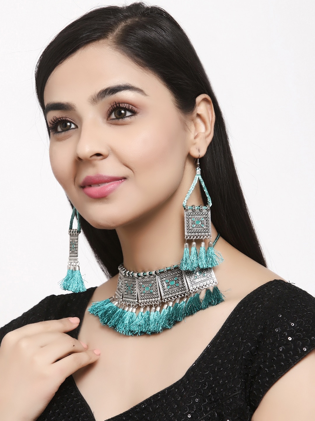 

Shining Diva Oxidised Silver-Toned & Blue Enamelled Tasselled Jewellery Set