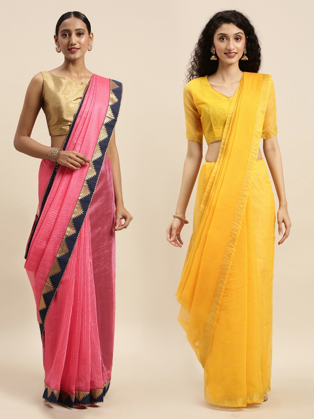 

Florence Pink & Yellow Set of 2 Art Silk Solid Saree