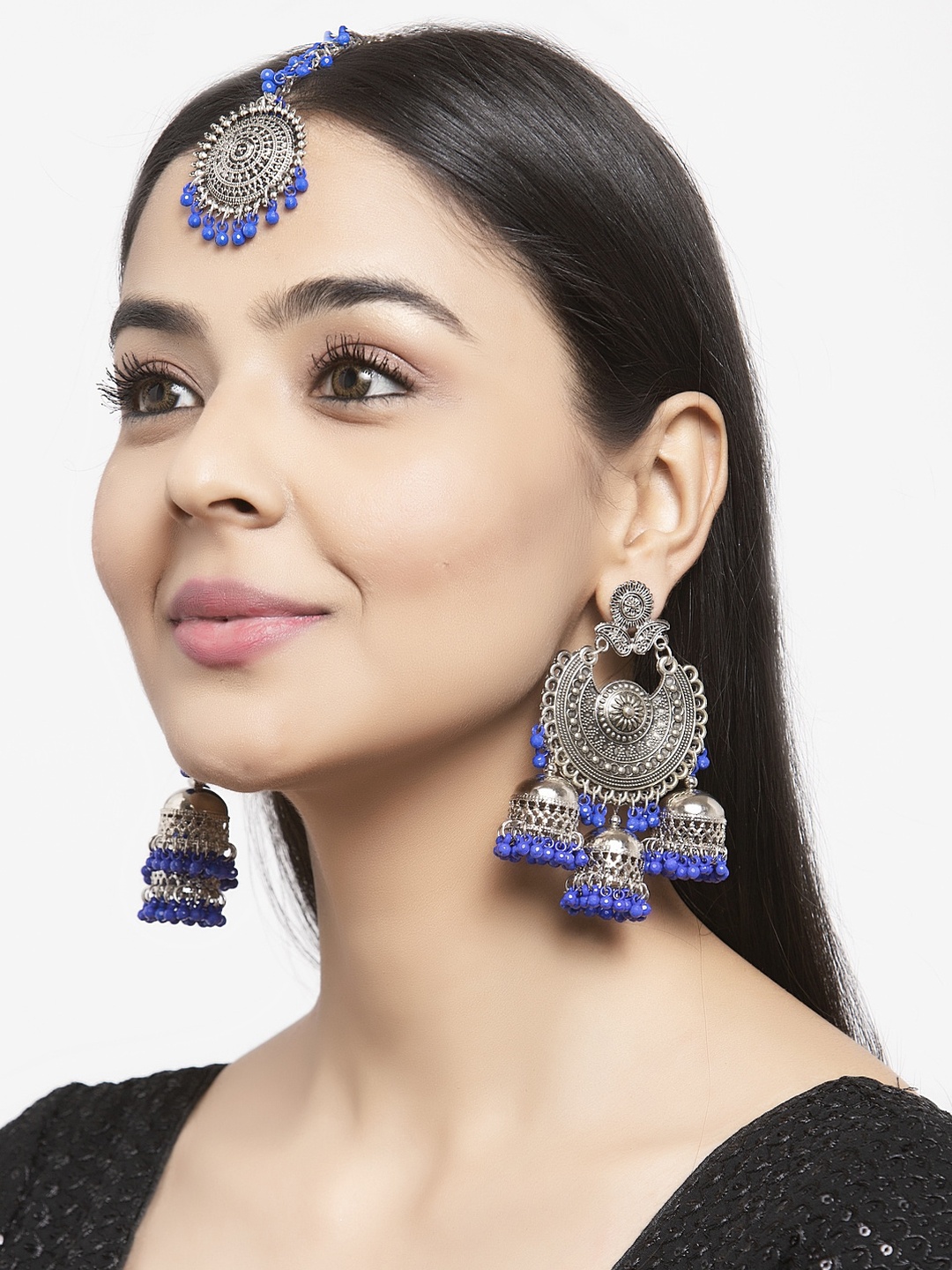 

Shining Diva Oxidised Silver-Toned & Blue Beaded Jewellery Set