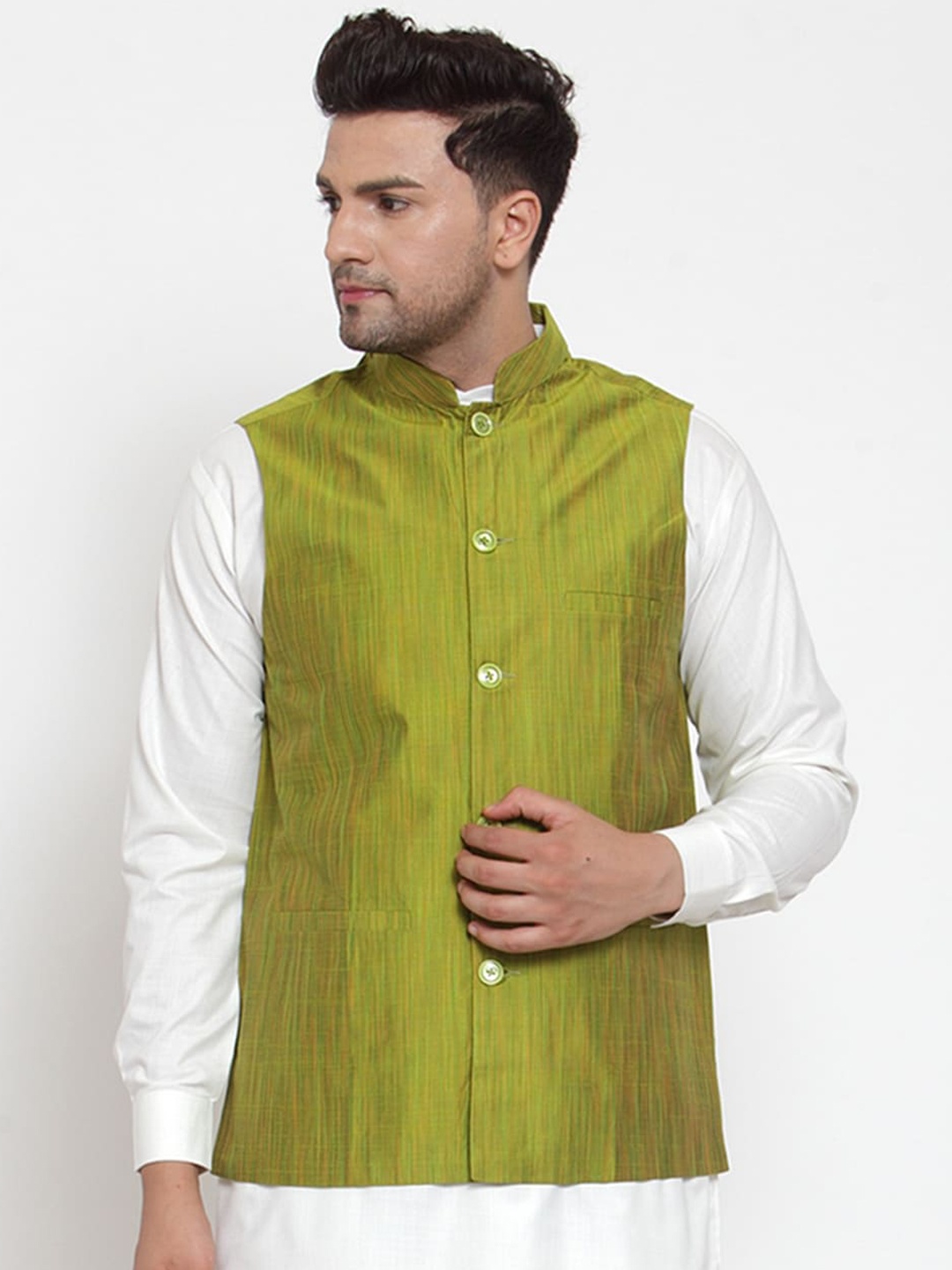 Jompers Men Green Woven Design Nehru Jacket