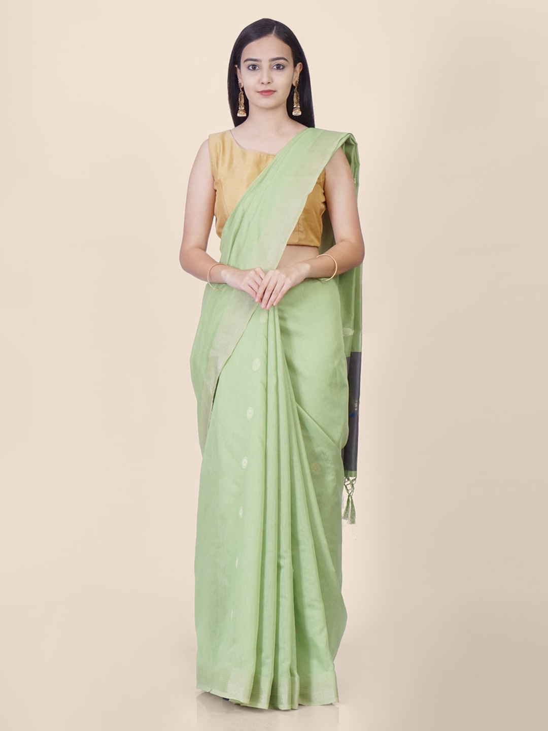 

Hastakala Green Pure Linen Woven Design Khadi Saree