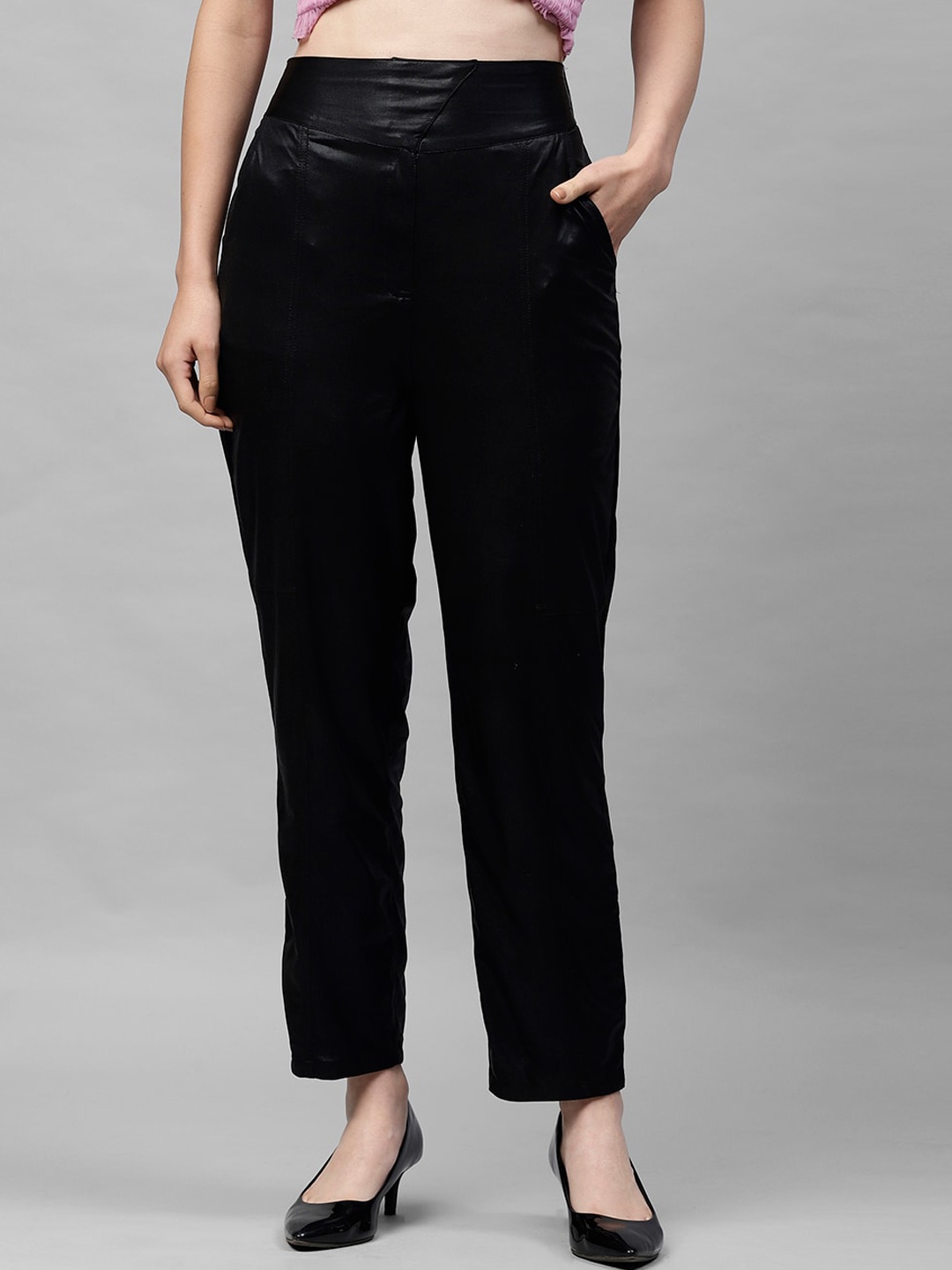 

Athena Women Black Metallic Sheen Regular Trousers