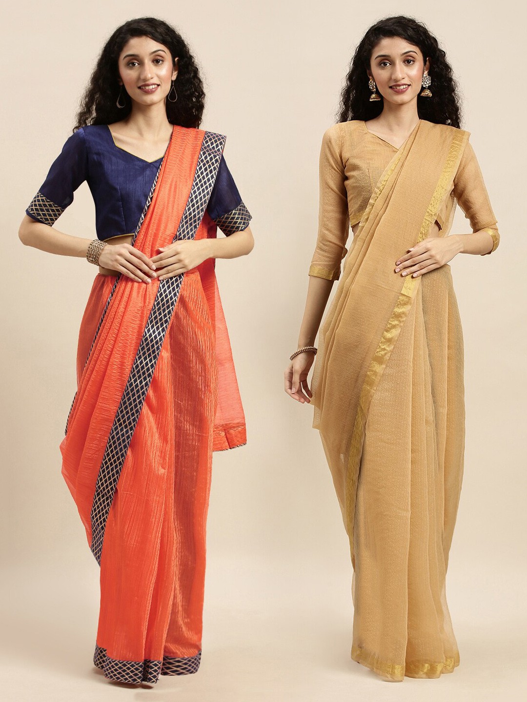 

Florence Orange & Beige Art Silk Solid Saree Combo