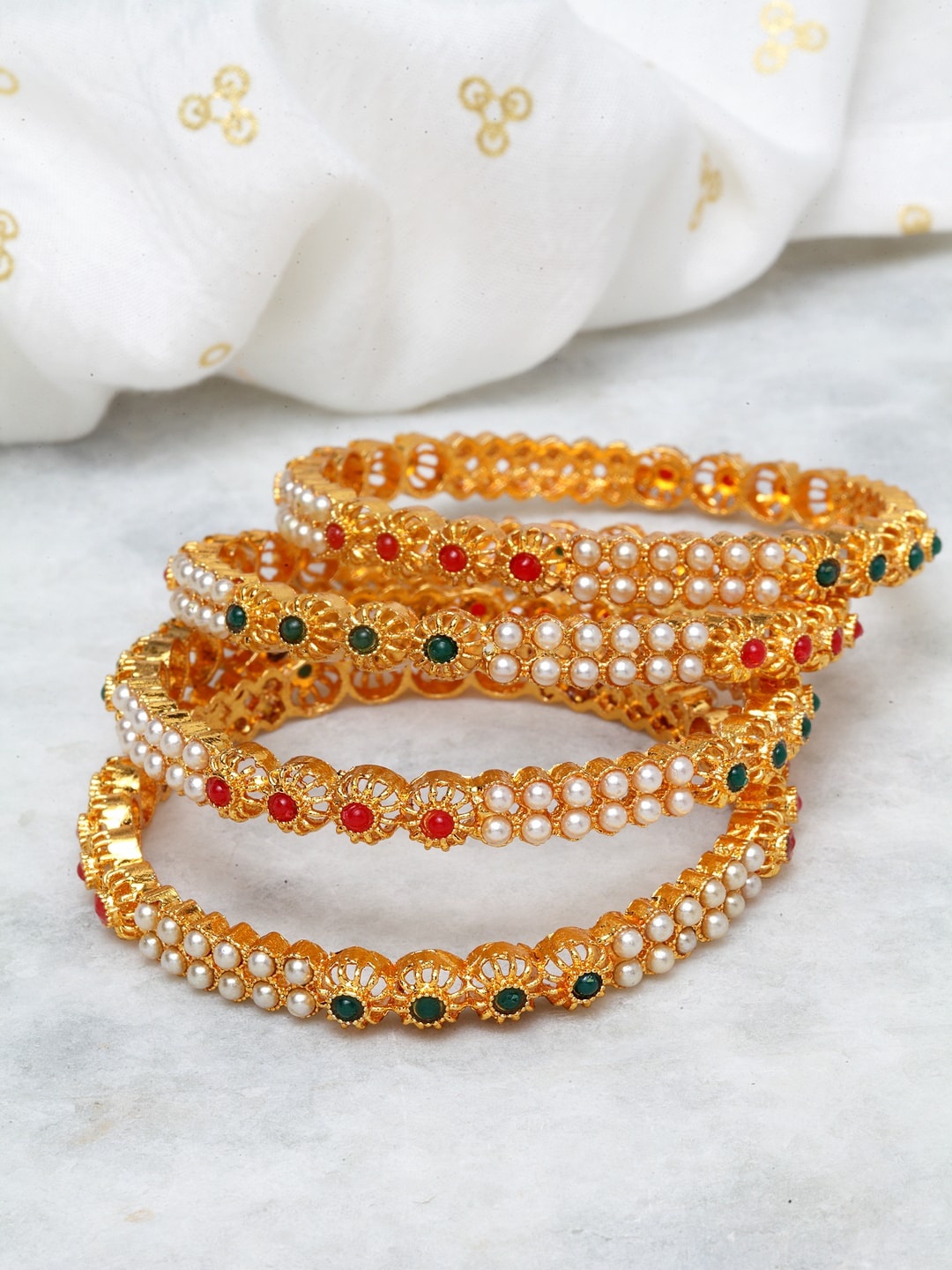 

Shining Diva Set Of 4 Gold-Plated White & Red Stone & Pearl Studded Bangles