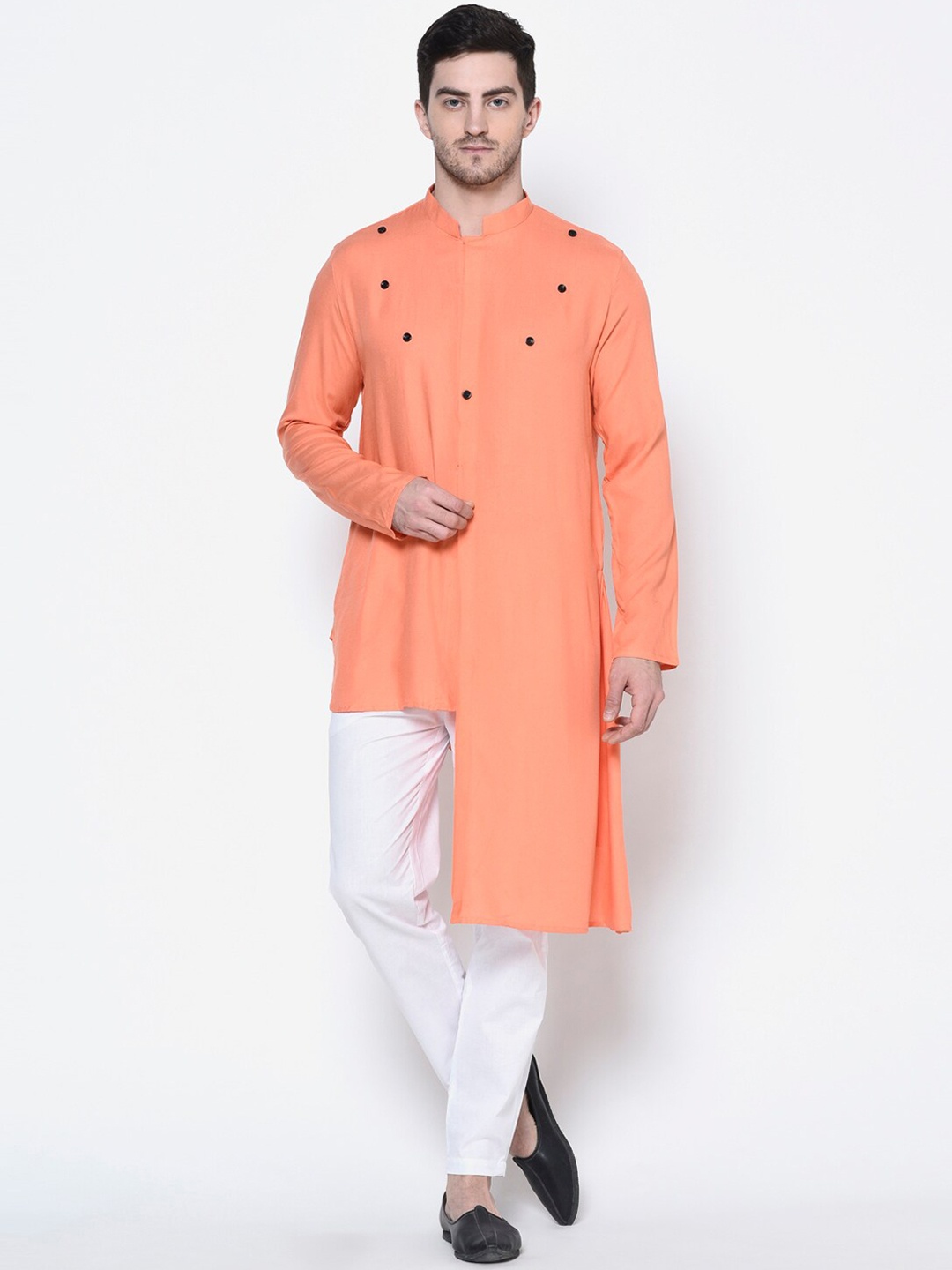 

DEYANN Men Peach-Coloured Solid Pathani Kurta