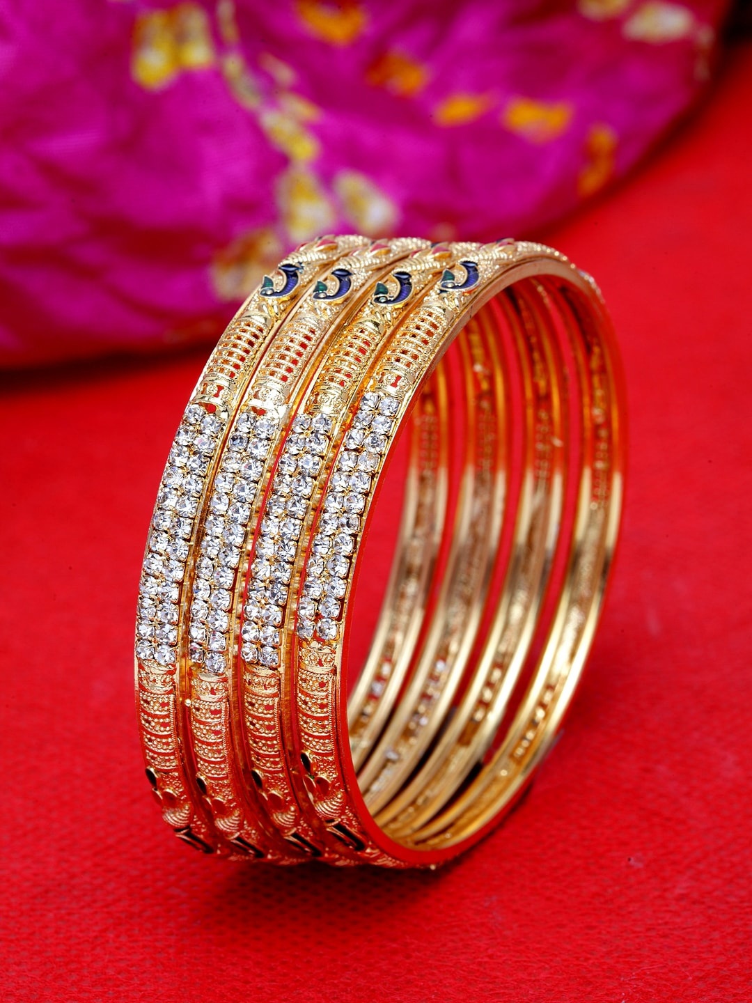 

Shining Diva Set Of 4 Gold-Plated White & Blue Stone Studded Meenakari Bangles