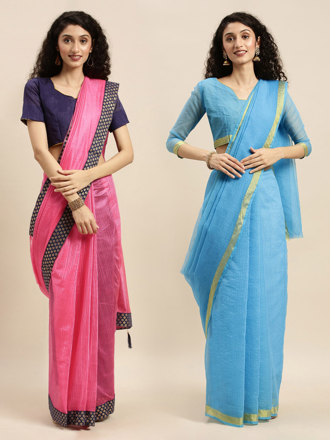 

Florence Pink & Blue Set of 2 Art Silk Solid Saree