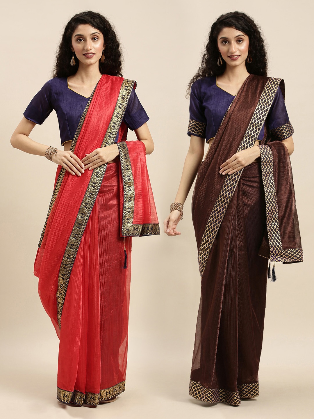 

Florence Red & Brown Set of 2 Sarees Art Silk Solid Saree