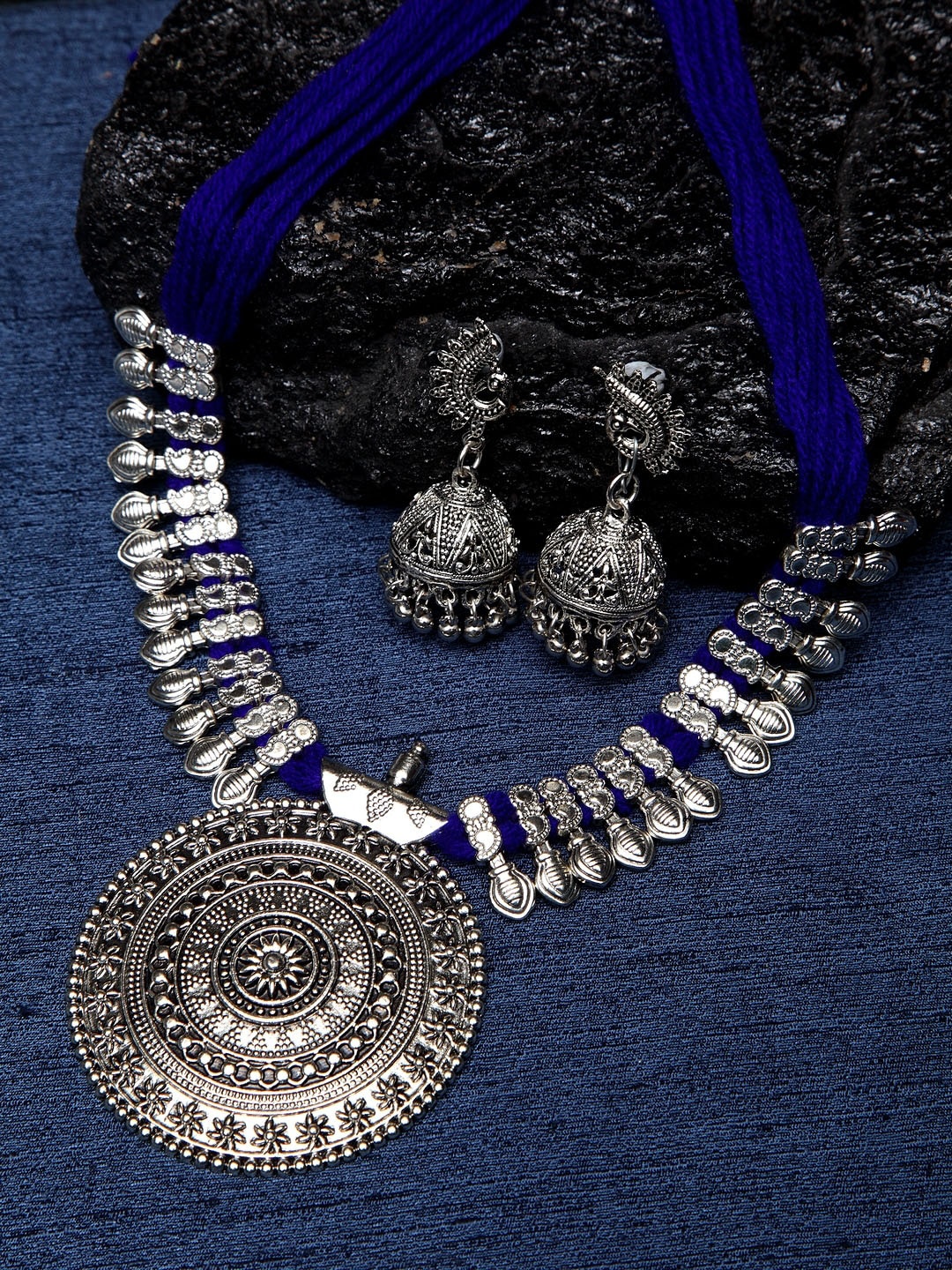 

Shining Diva Oxidised Silver Toned & Blue Jewellery Set