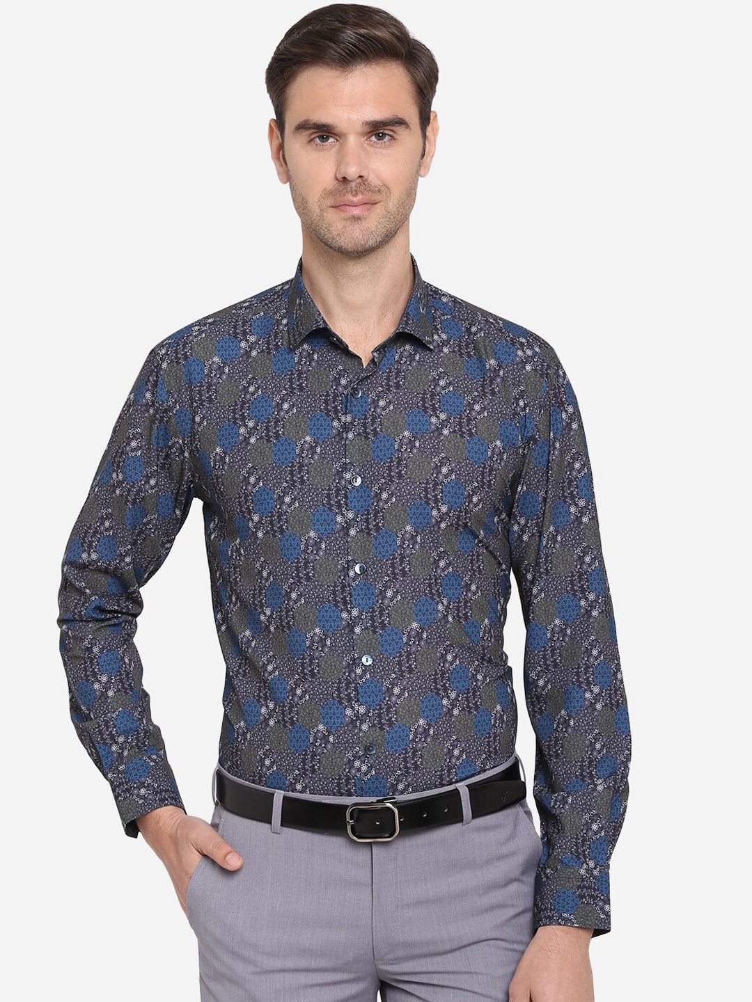 

JB STUDIO Men Grey & Navy Blue Slim Fit Printed Cotton Formal Shirt