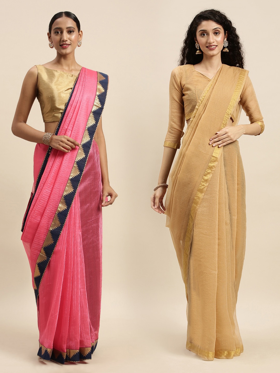 Florence Pink & Mustard Yellow Set of 2 Art Silk Solid Sarees