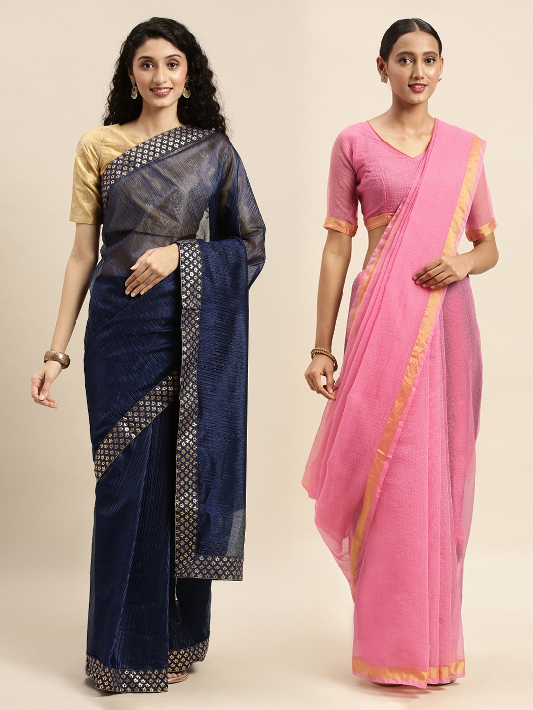 

Florence Navy Blue & Pink Art Silk Solid Saree with Zari Border Pack of 2