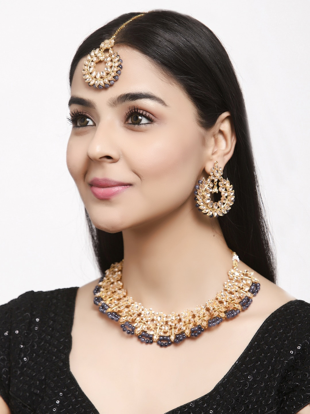 

Shining Diva Gold-Plated Grey & White Kundan Studded Beaded Jewellery Set