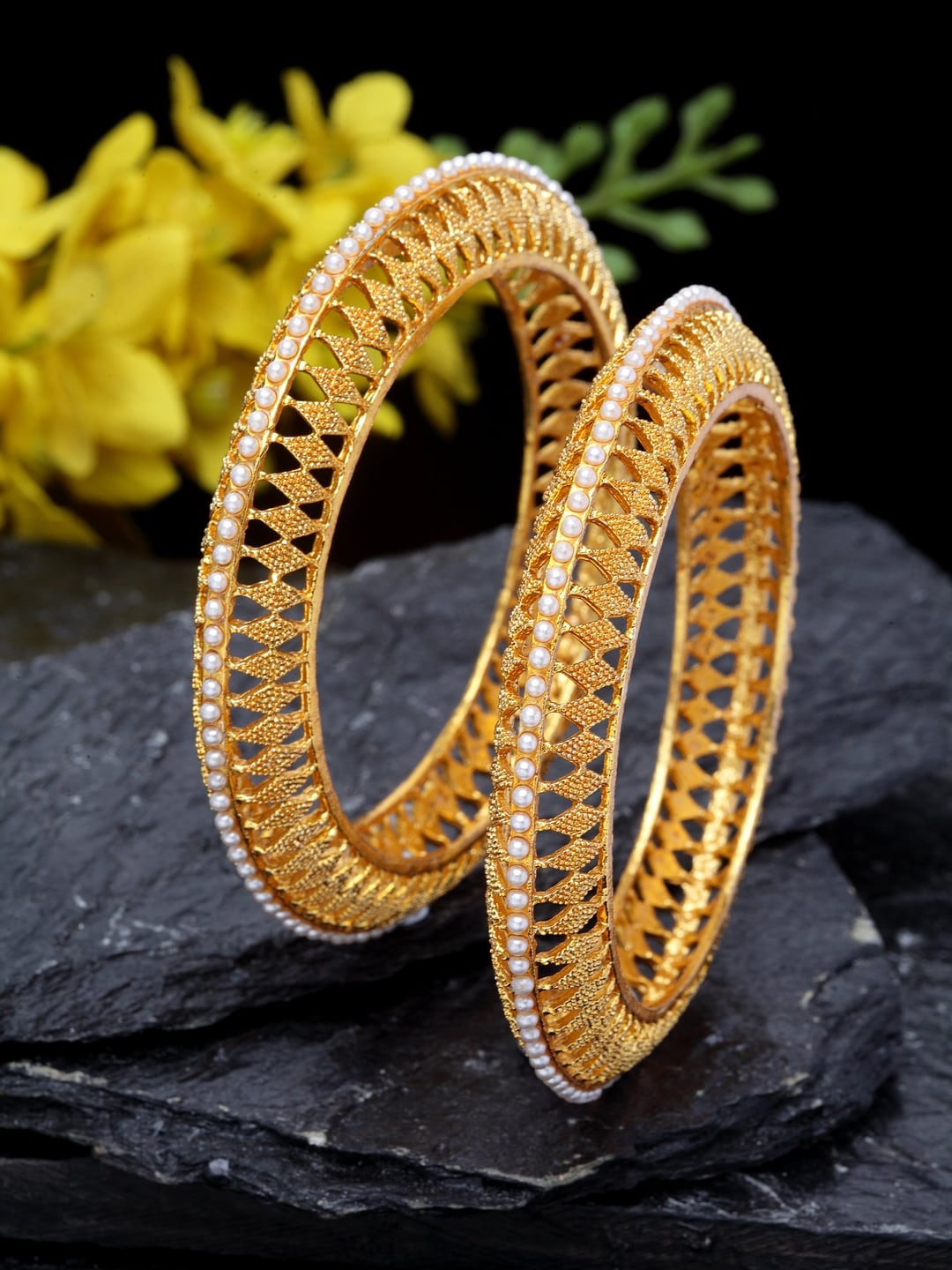 

Shining Diva Set Of 2 Gold-Plated & White Pearl Studded Bangles