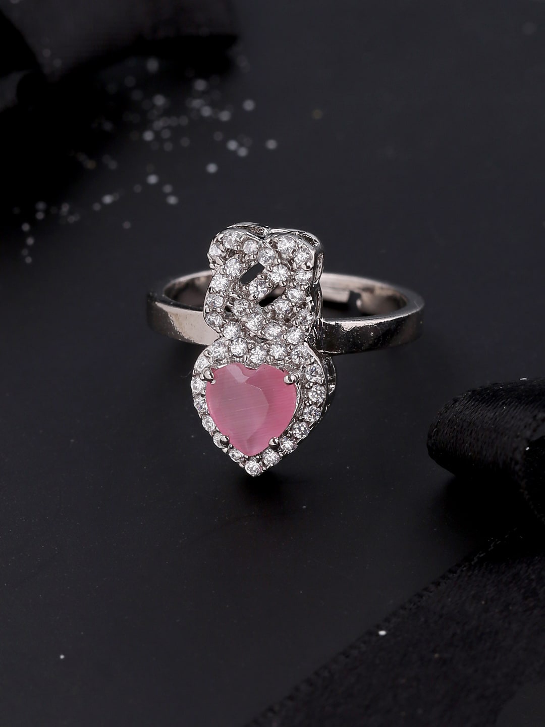 

Voylla Silver Plated Pink & White CZ Studded Finger Ring