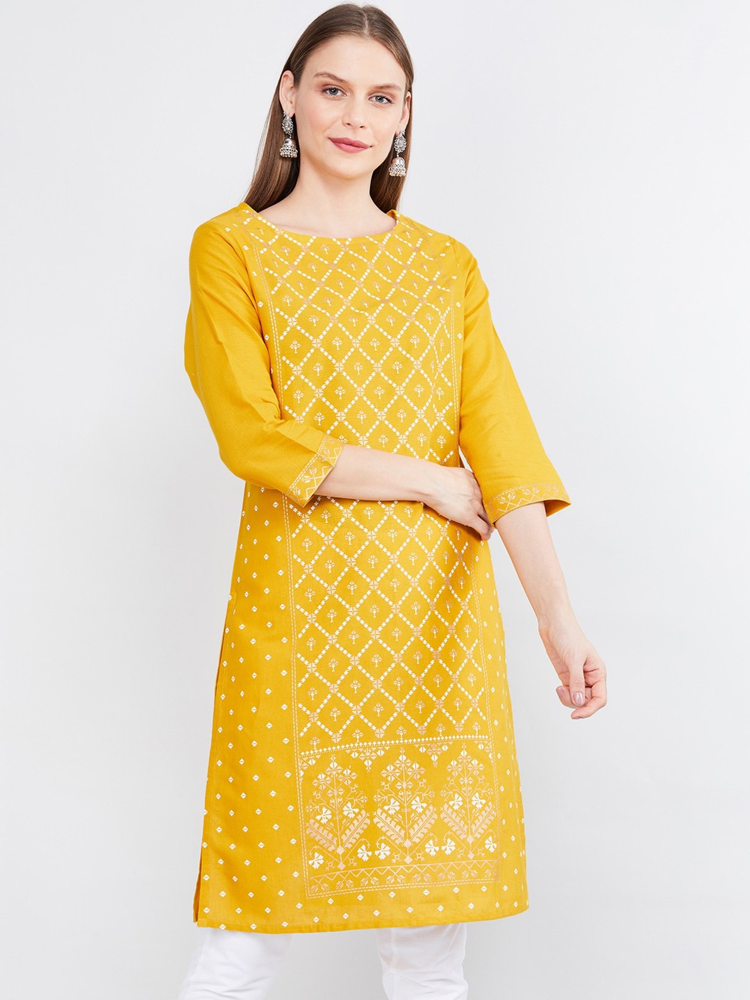 

max Women Mustard Printed Straight Kurta