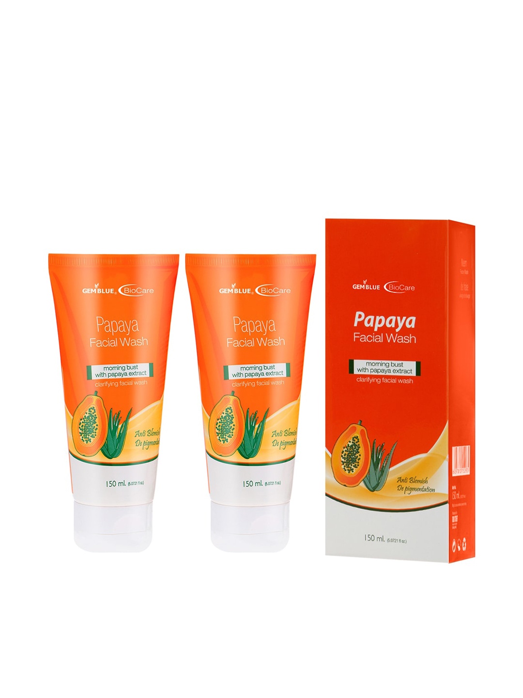 GEMBLUE Biocare Papaya Face Wash, 150ML each (COMBO OF 2), Orange