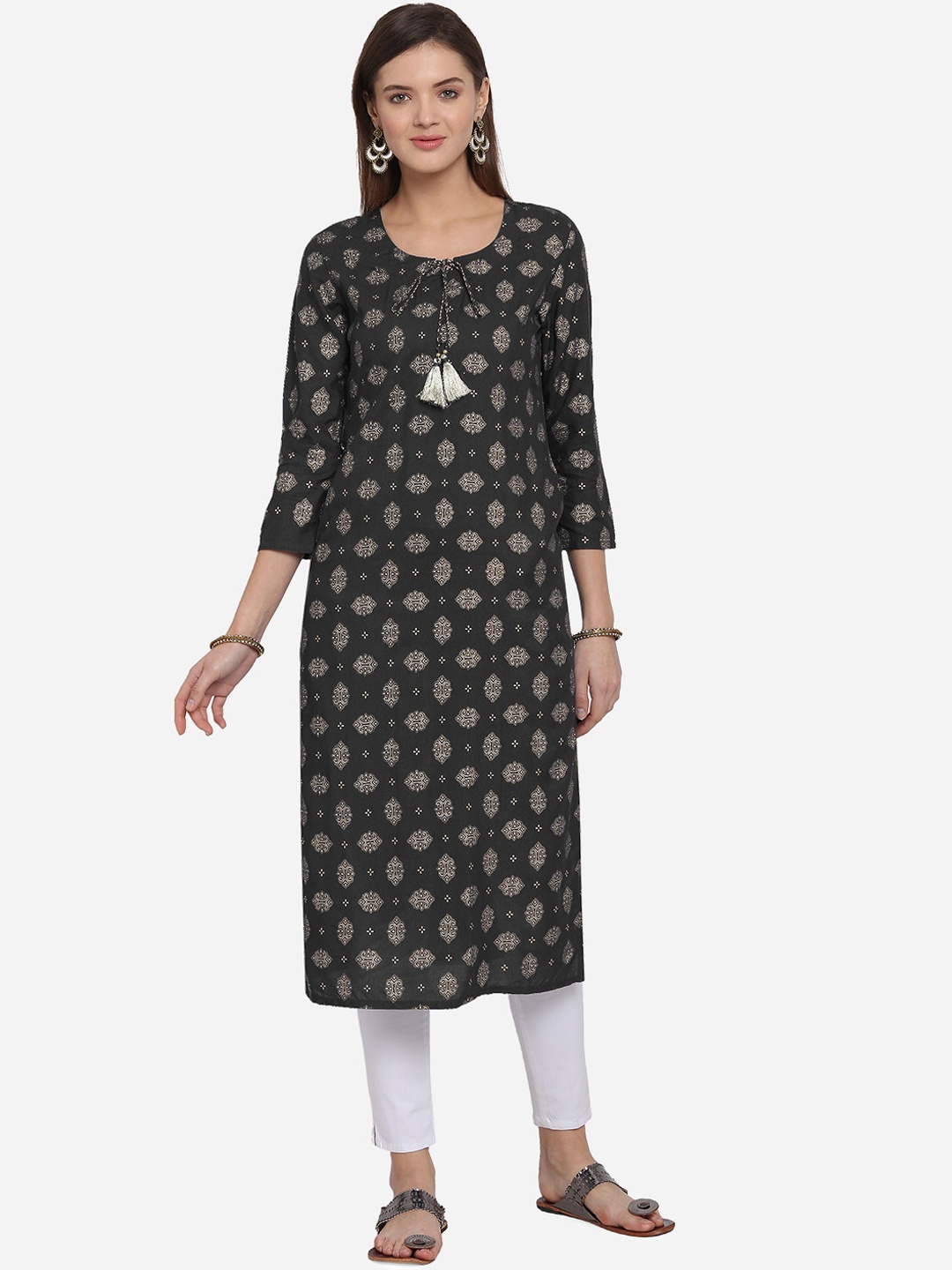 

Mirchi Fashion Women Black & Gold-Coloured Foil Printed A-Line Kurta